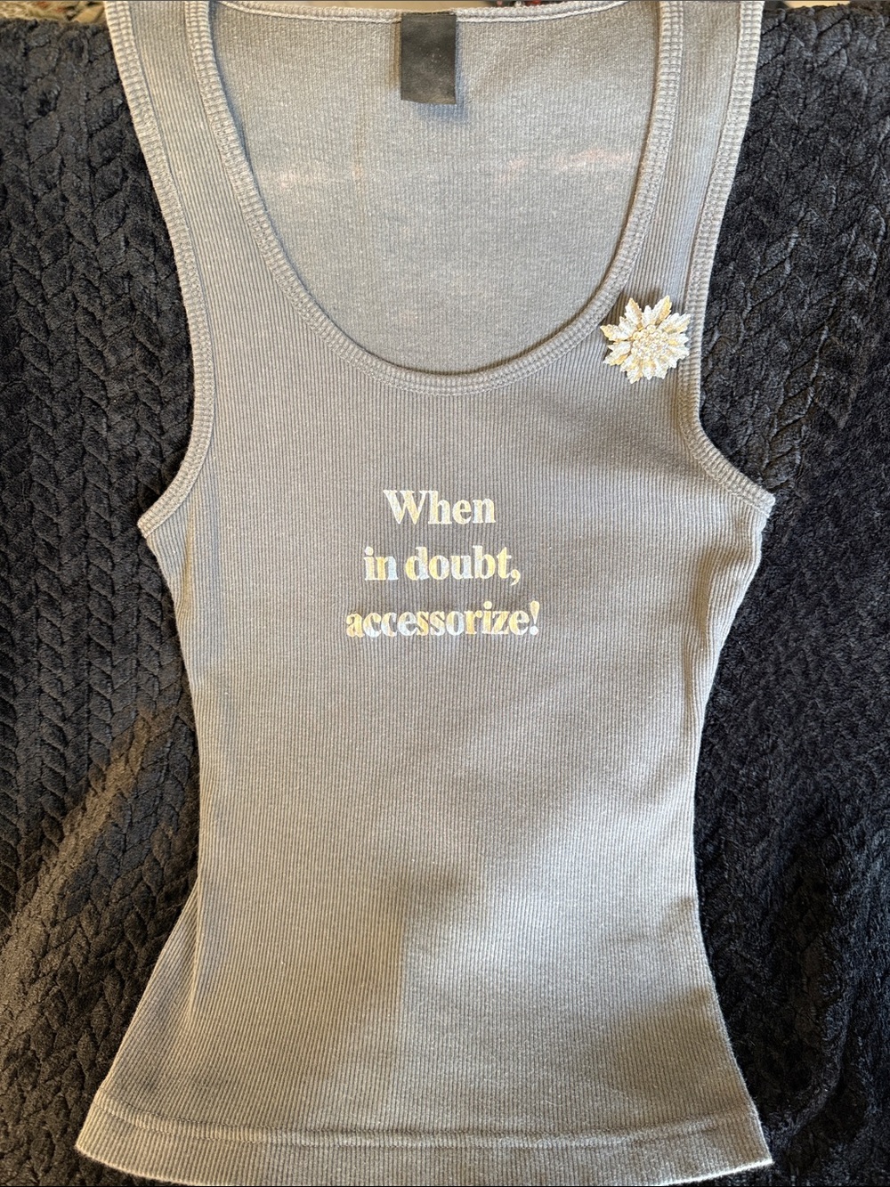 Gray Ribbed Scoop Neck Tank Top with Gold Slogan